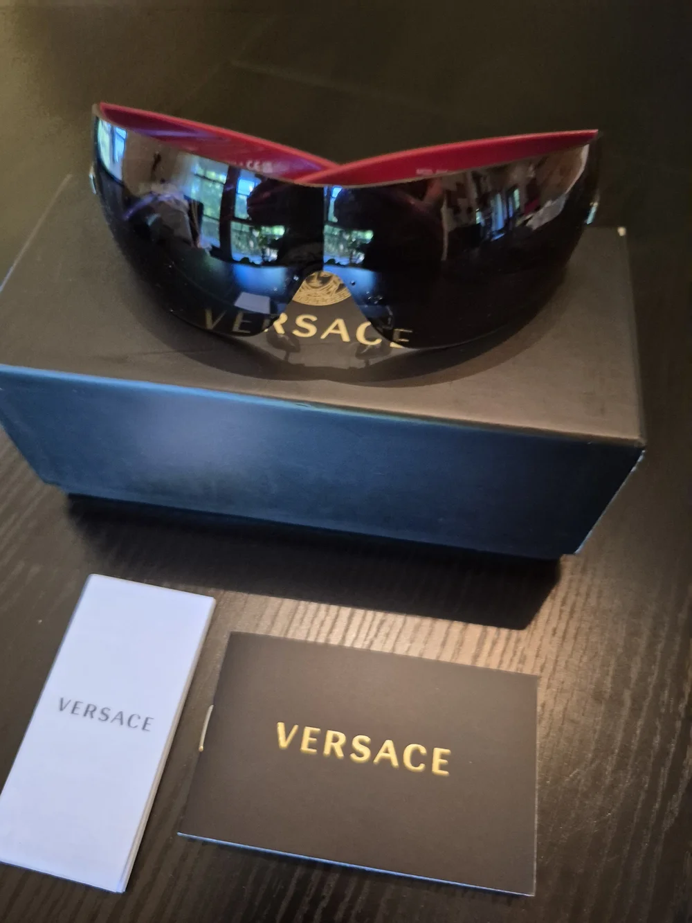 Versace Black Shield Sunglasses with Red Inner Trim - Picture 1 of 7